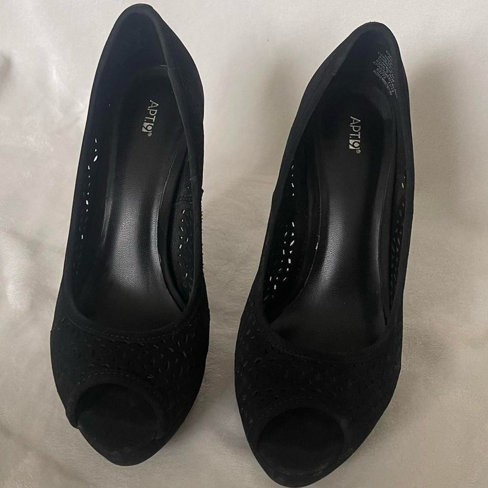 Black Suede Laser-Cut Peep-Toe Heels